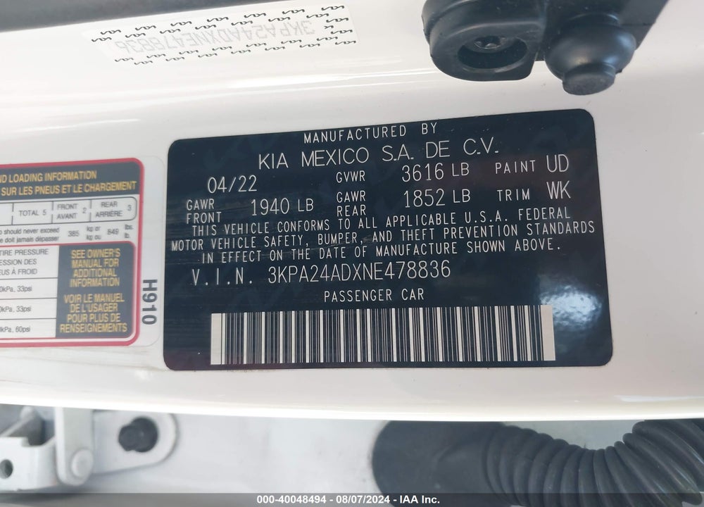 2022 KIA RIO S VIN: 3KPA24ADXNE478836