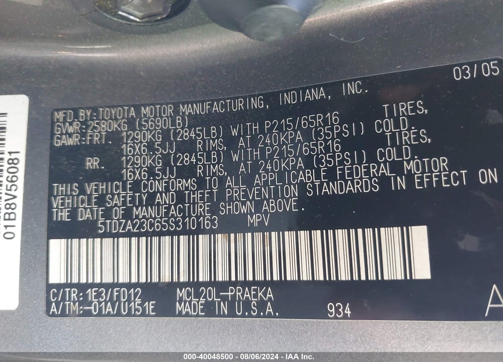 2005 TOYOTA SIENNA VIN: 5TDZA23C65S310163