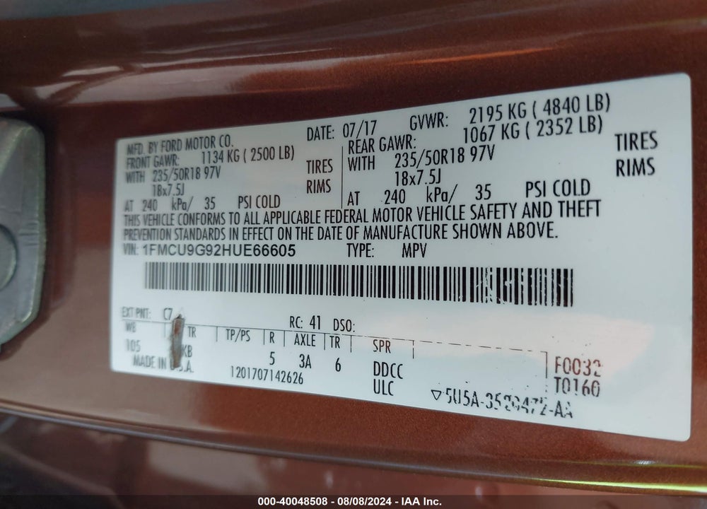 2017 FORD ESCAPE SE VIN: 1FMCU9G92HUE66605