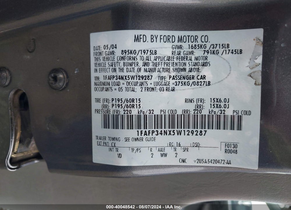 2005 FORD FOCUS ZX4 VIN: 1FAFP34NX5W129287
