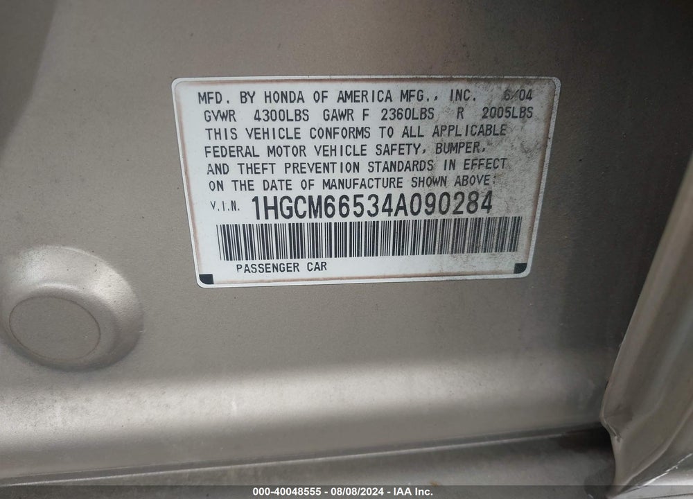 2004 HONDA ACCORD 3.0 EX VIN: 1HGCM66534A090284