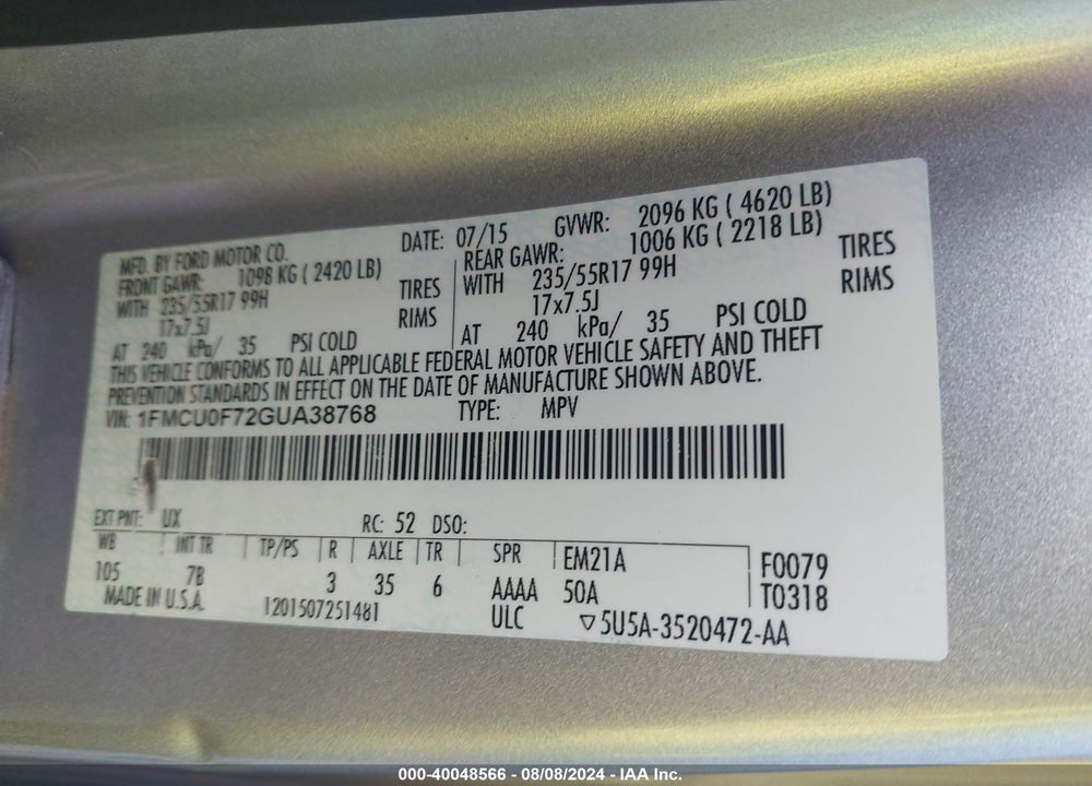 2016 FORD ESCAPE S VIN: 1FMCU0F72GUA38768