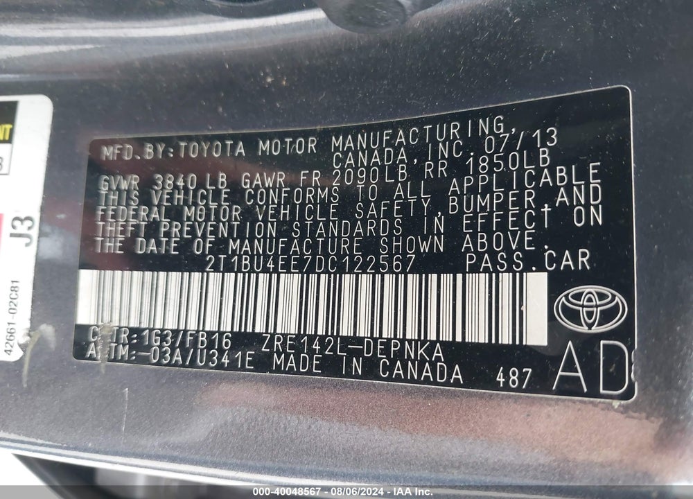 2013 TOYOTA COROLLA LE VIN: 2T1BU4EE7DC122567