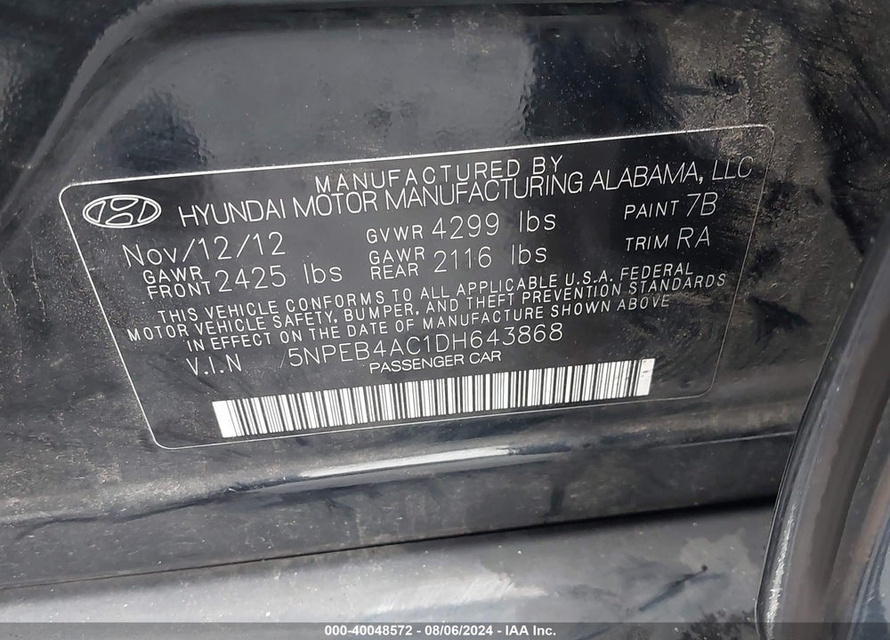 2013 HYUNDAI SONATA GLS VIN: 5NPEB4AC1DH643868