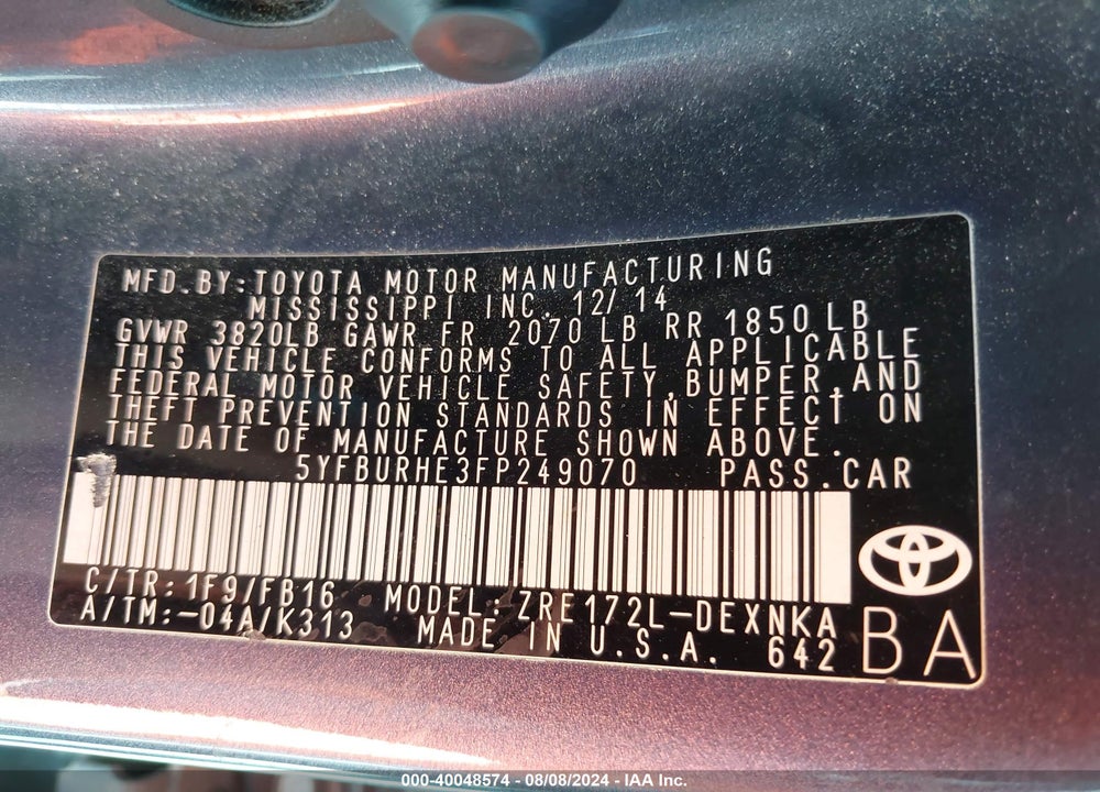 2015 TOYOTA COROLLA LE PLUS VIN: 5YFBURHE3FP249070