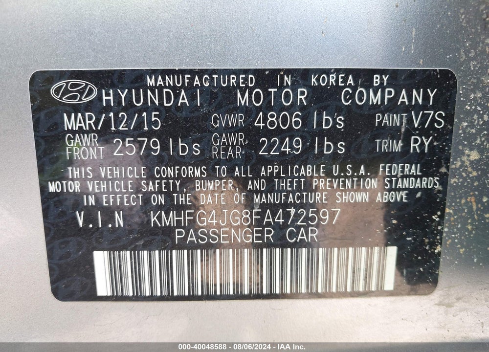 2015 HYUNDAI AZERA VIN: KMHFG4JG8FA472597