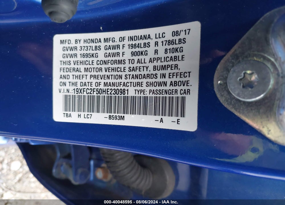 2017 HONDA CIVIC LX VIN: 19XFC2F50HE230981