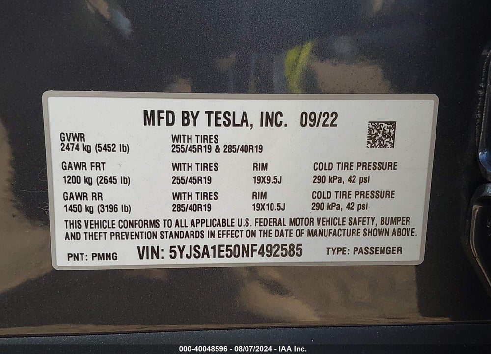 2022 TESLA MODEL S DUAL MOTOR ALL-WHEEL DRIVE VIN: 5YJSA1E50NF492585