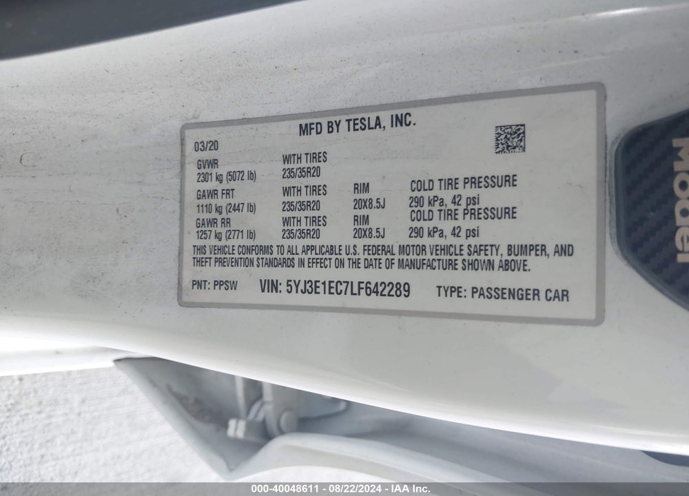 2020 TESLA MODEL 3 PERFORMANCE DUAL MOTOR ALL-WHEEL DRIVE VIN: 5YJ3E1EC7LF642289