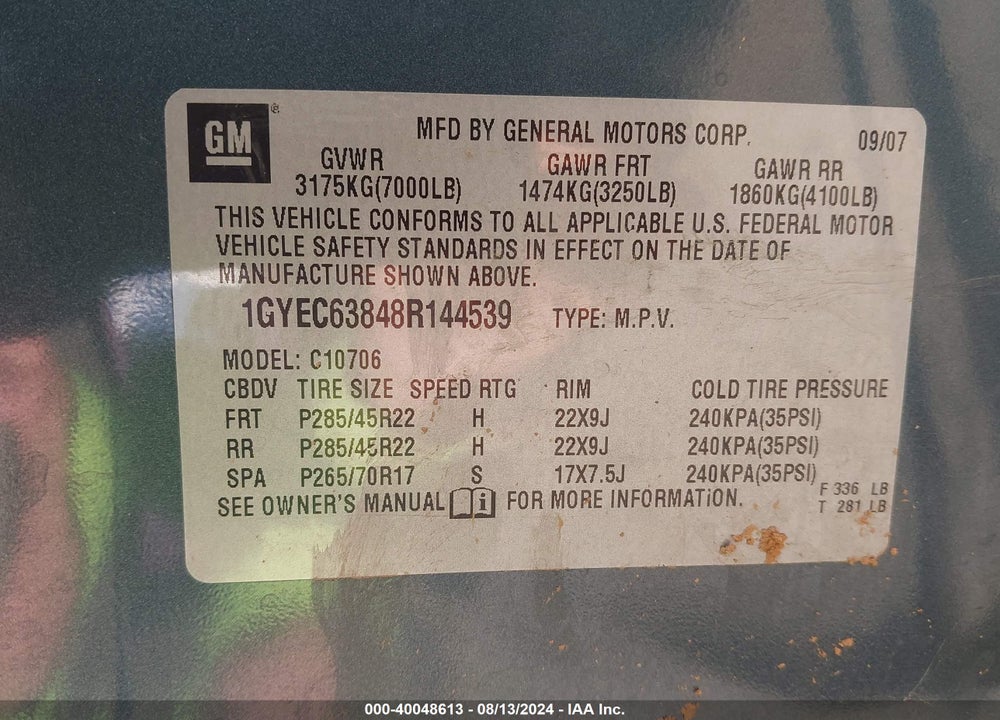2008 CADILLAC ESCALADE STANDARD VIN: 1GYEC63848R144539