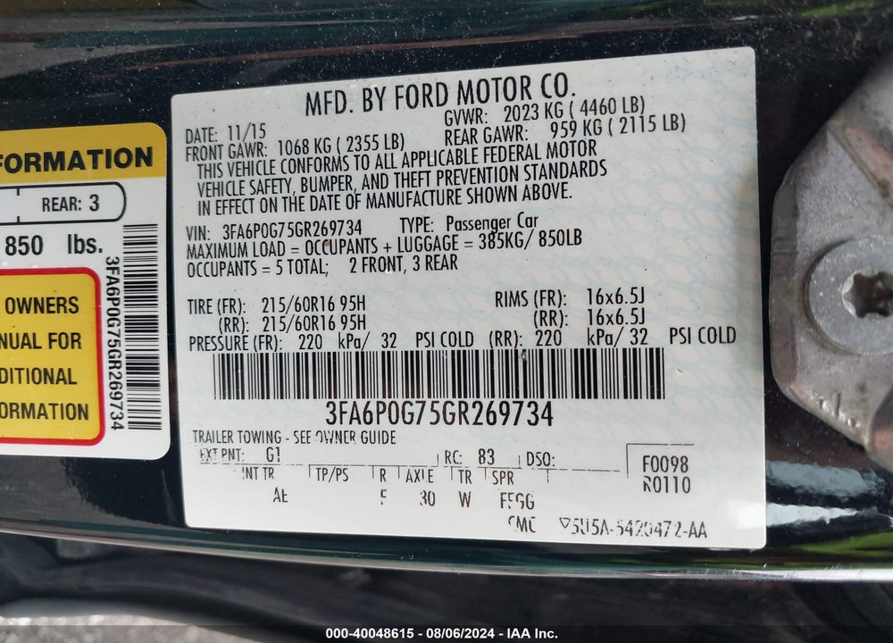 2016 FORD FUSION S VIN: 3FA6P0G75GR269734