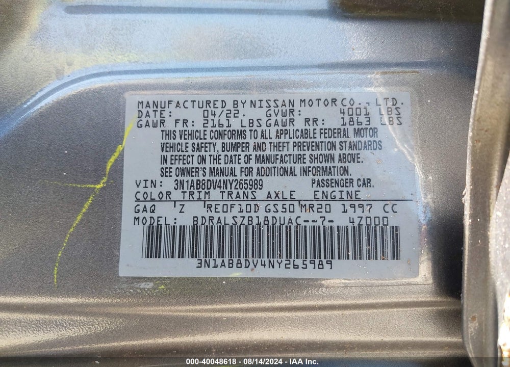 2022 NISSAN SENTRA VIN: 3N1AB8DV4NY265989