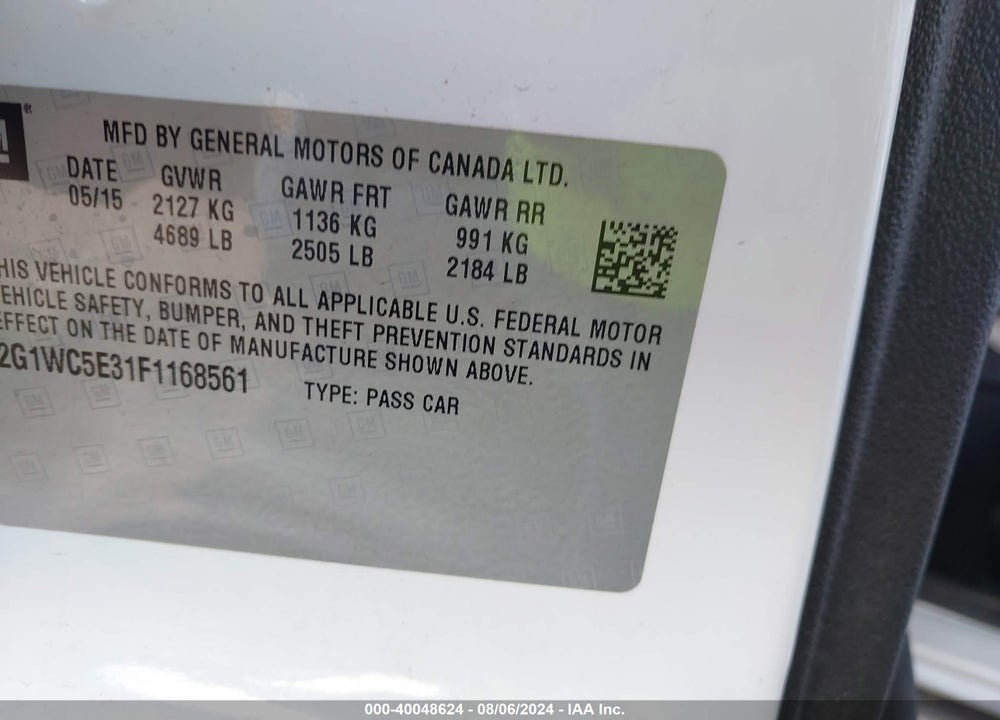 2015 CHEVROLET IMPALA LIMITED LTZ VIN: 2G1WC5E31F1168561