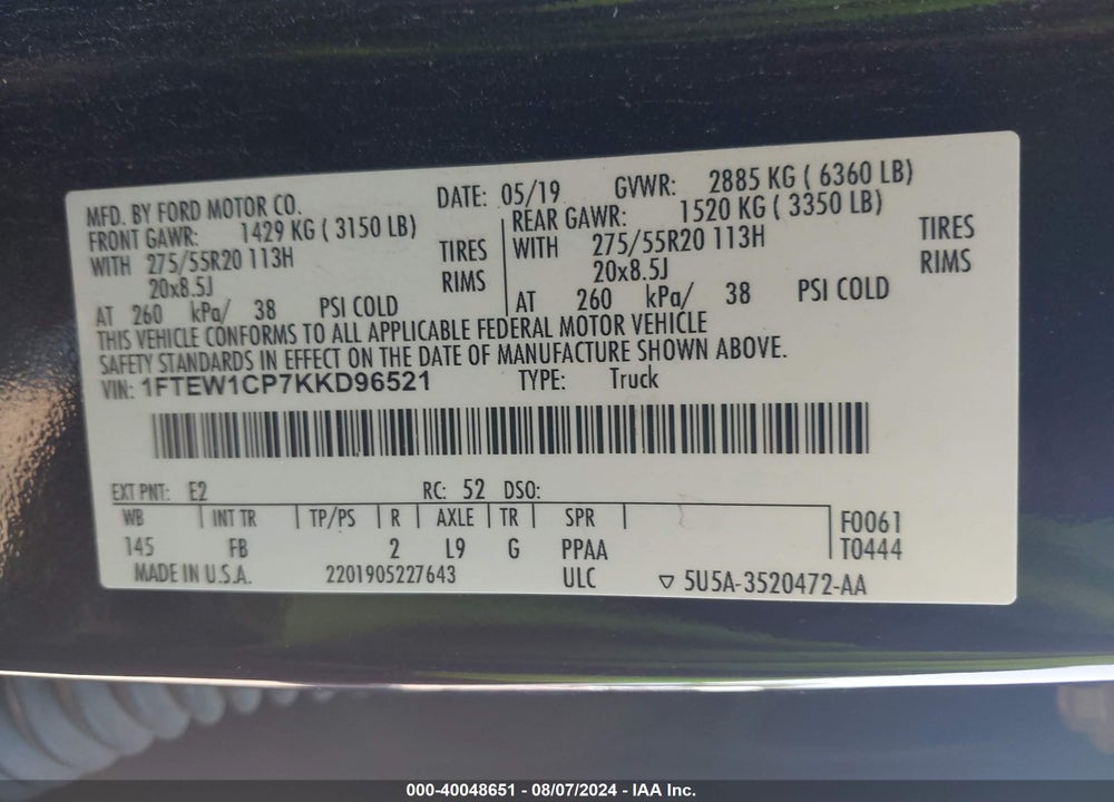 2019 FORD F-150 VIN: 1FTEW1CP7KKD96521