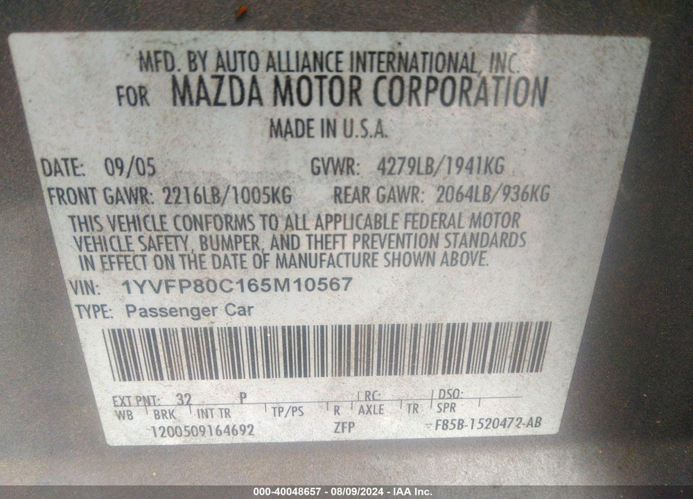 2006 MAZDA 6 I VIN: 1YVFP80C165M10567