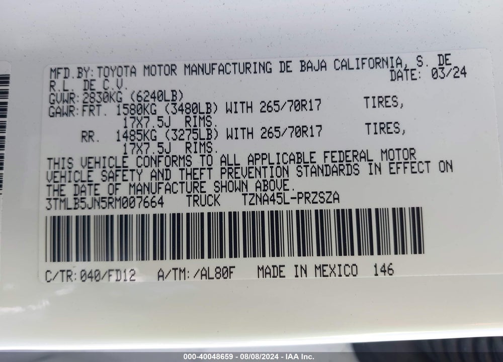 2024 TOYOTA TACOMA TRD OFF ROAD VIN: 3TMLB5JN5RM007664