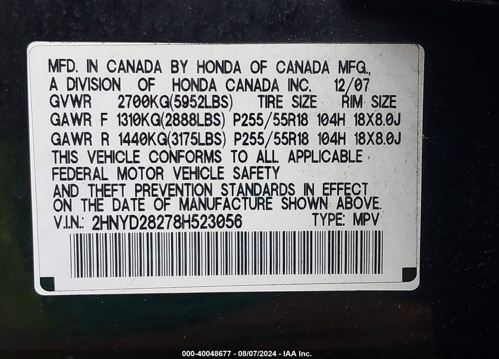 2008 ACURA MDX VIN: 2HNYD28278H523056