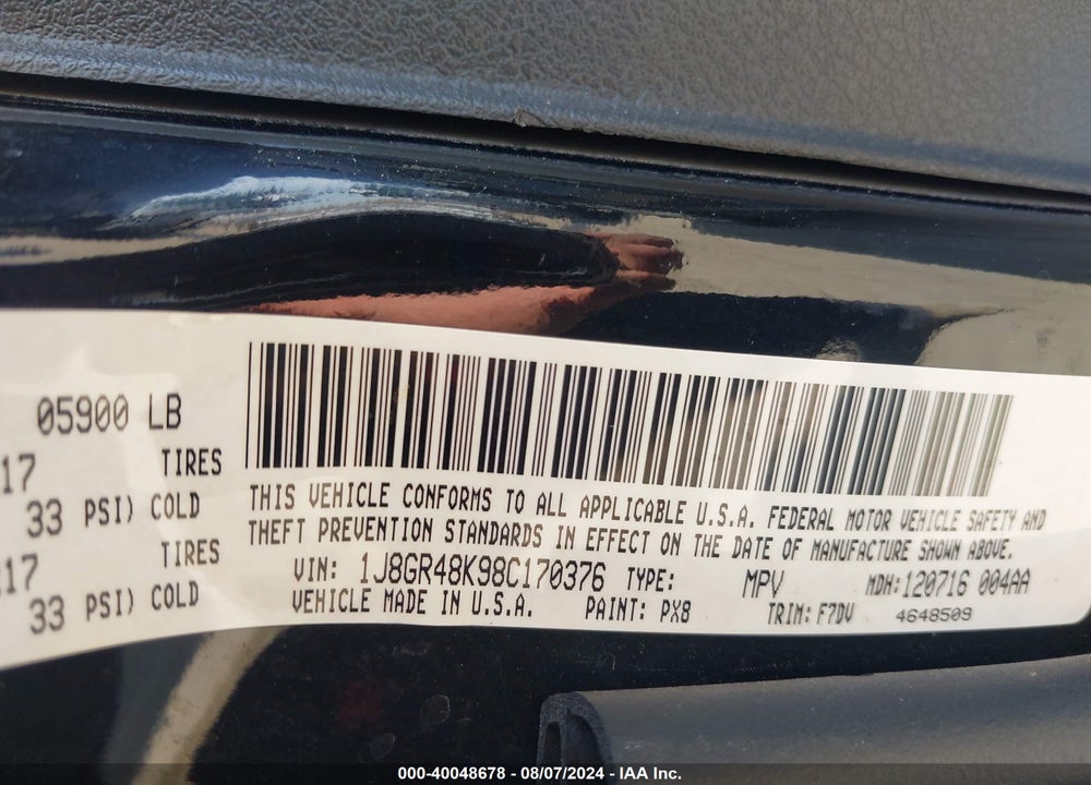 2008 JEEP GRAND CHEROKEE LAREDO VIN: 1J8GR48K98C170376
