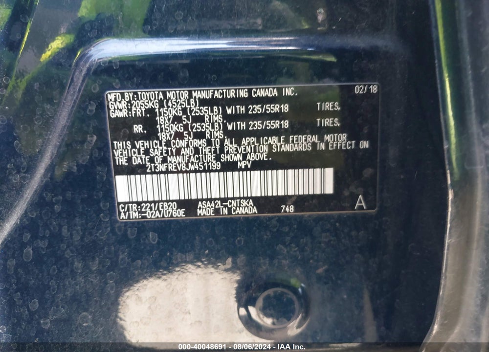 2018 TOYOTA RAV4 SE VIN: 2T3NFREV8JW451199
