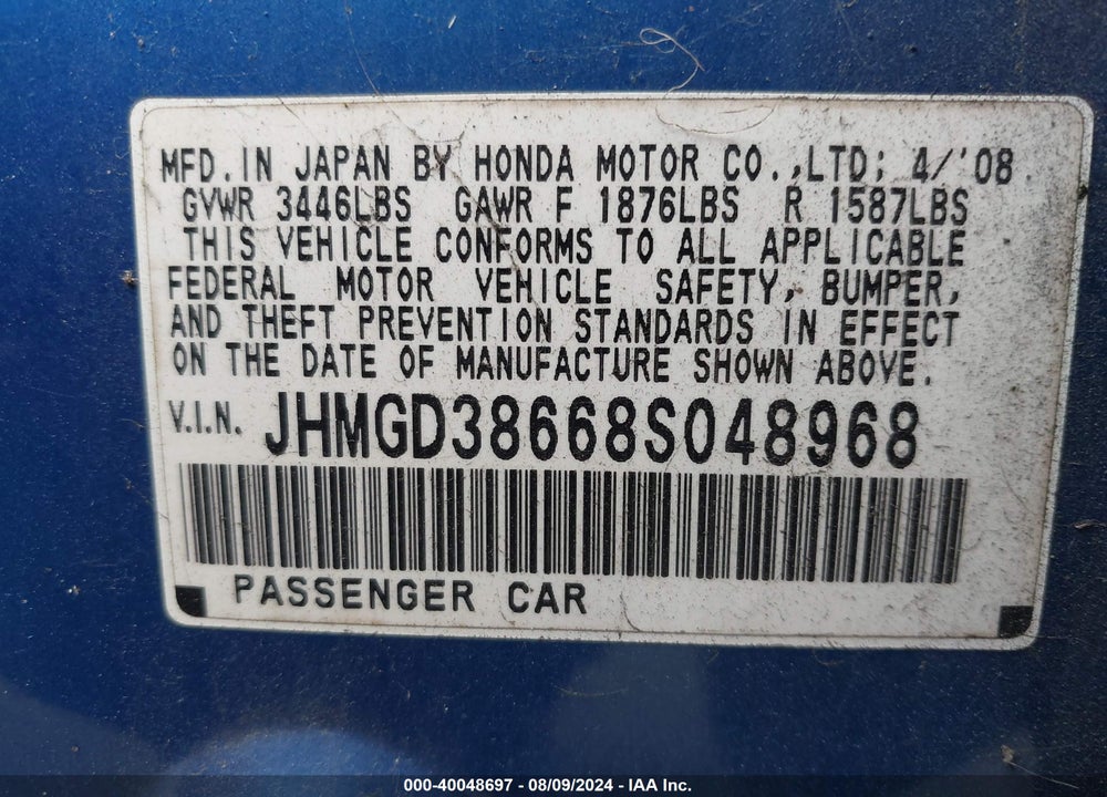 2008 HONDA FIT SPORT VIN: JHMGD38668S048968