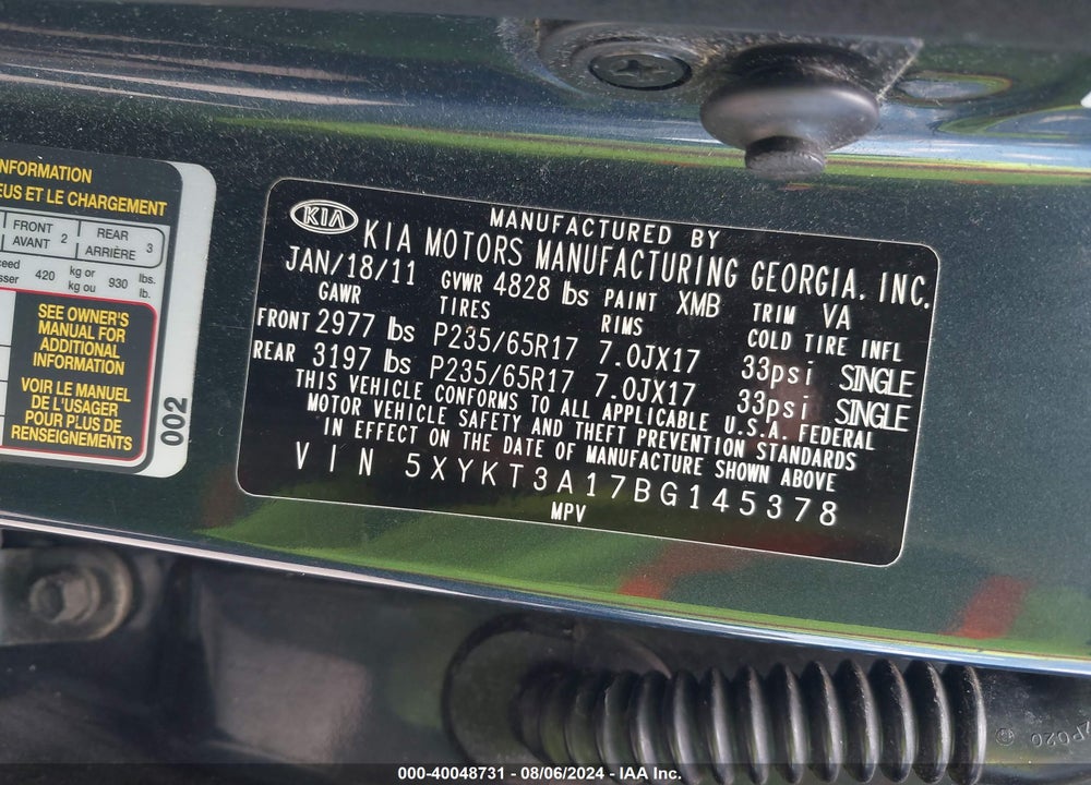 2011 KIA SORENTO LX VIN: 5XYKT3A17BG145378