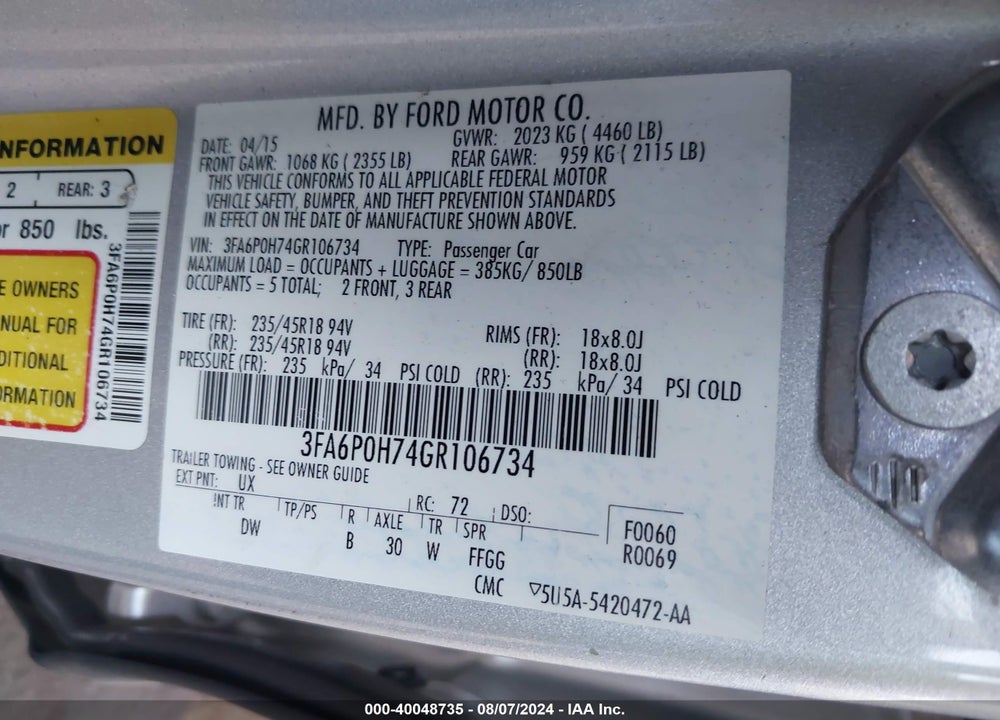 2016 FORD FUSION VIN: 3FA6P0H74GR106734