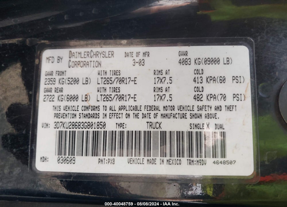 2003 DODGE RAM 2500 SLT/LARAMIE/ST VIN: 3D7KU28683G801850