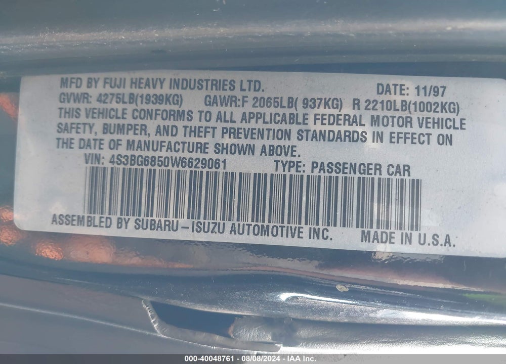 1998 SUBARU LEGACY OUTBACK/OUTBACK LIMITED/OUTBACK SPORT VIN: 4S3BG6850W6629061