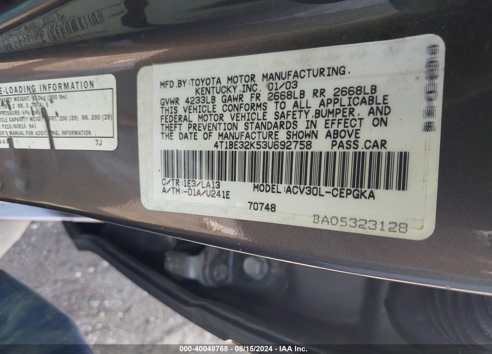 2003 TOYOTA CAMRY XLE VIN: 4T1BE32K53U692758