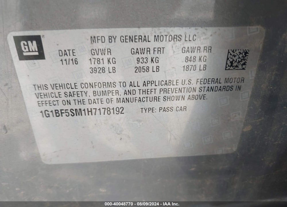 2017 CHEVROLET CRUZE PREMIER AUTO VIN: 1G1BF5SM1H7178192