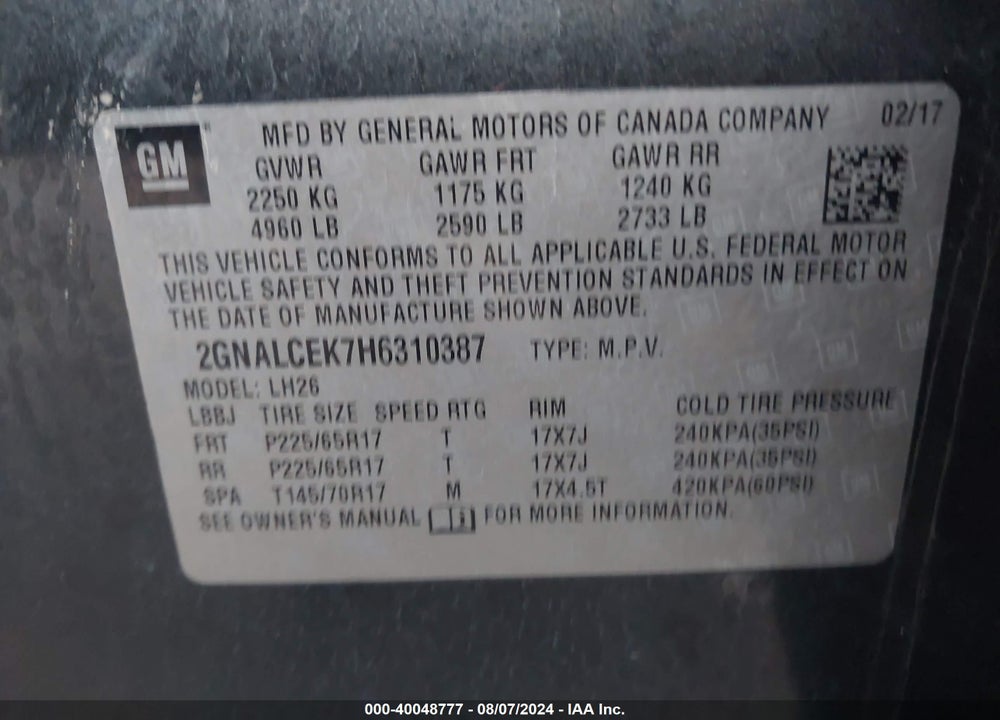 2017 CHEVROLET EQUINOX LT VIN: 2GNALCEK7H6310387