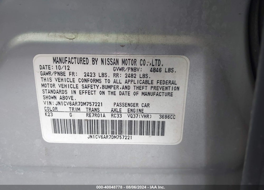 2013 INFINITI G37X VIN: JN1CV6AR7DM757221