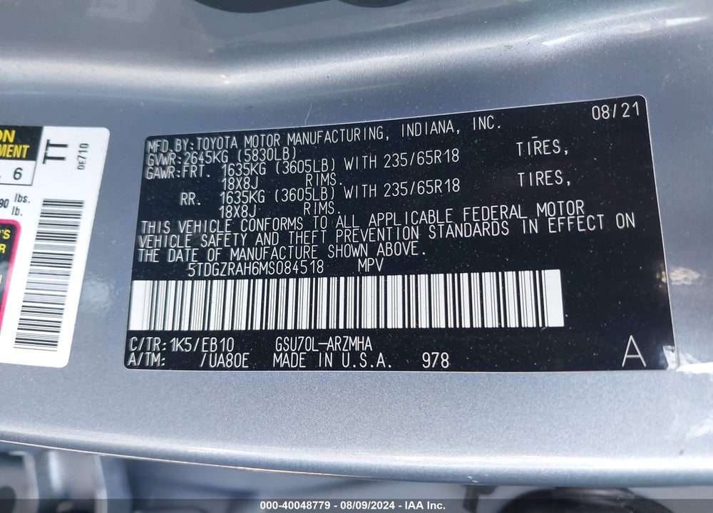 2021 TOYOTA HIGHLANDER XLE VIN: 5TDGZRAH6MS084518