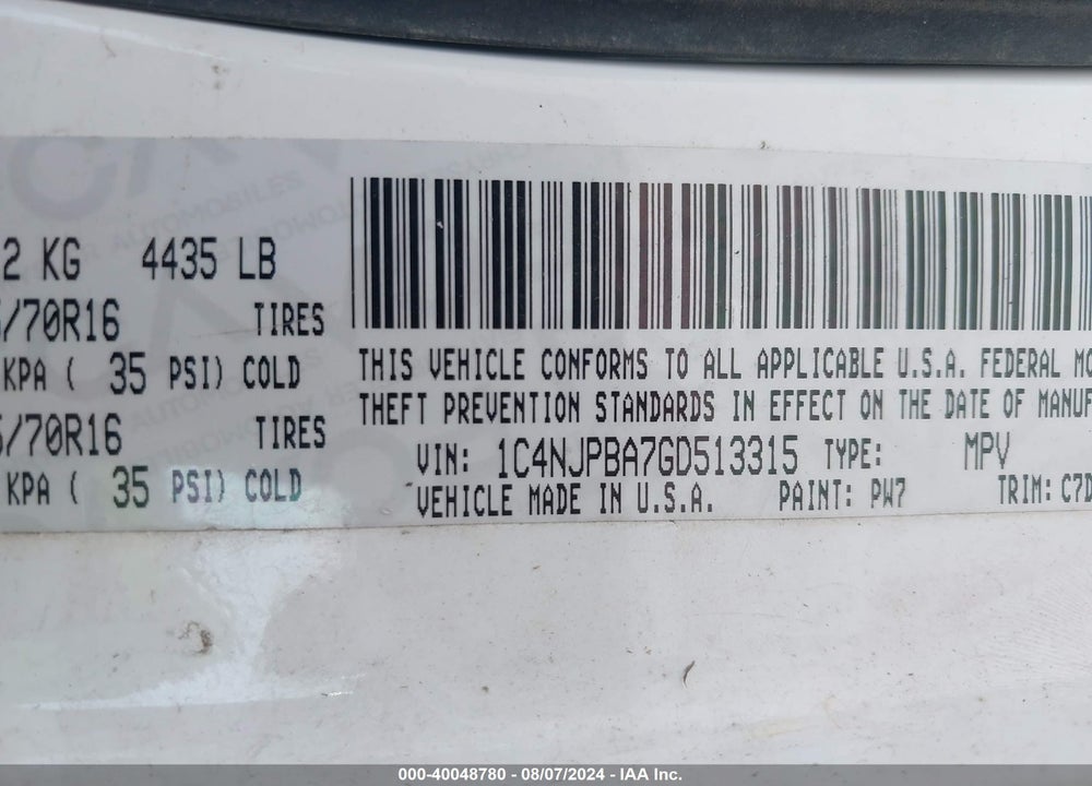 2016 JEEP PATRIOT SPORT VIN: 1C4NJPBA7GD513315