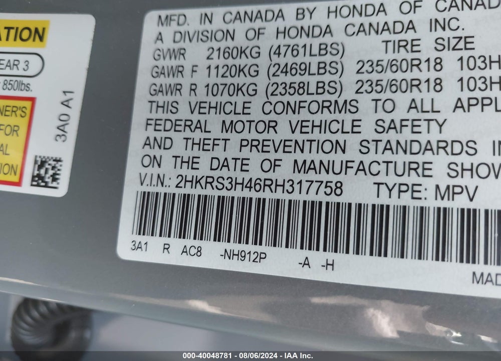 2024 HONDA CR-V EX 2WD VIN: 2HKRS3H46RH317758