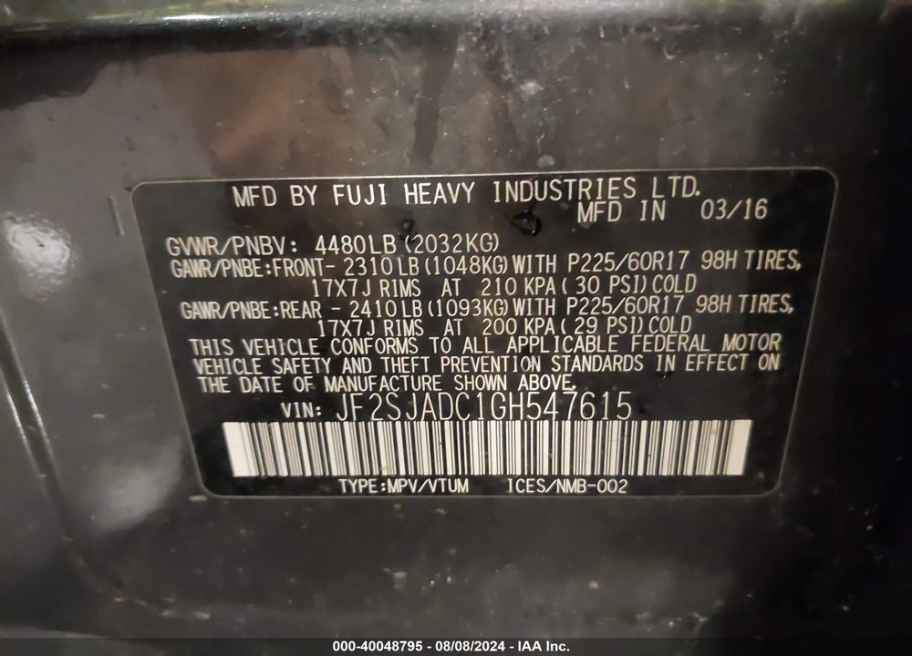 2016 SUBARU FORESTER 2.5I PREMIUM VIN: JF2SJADC1GH547615