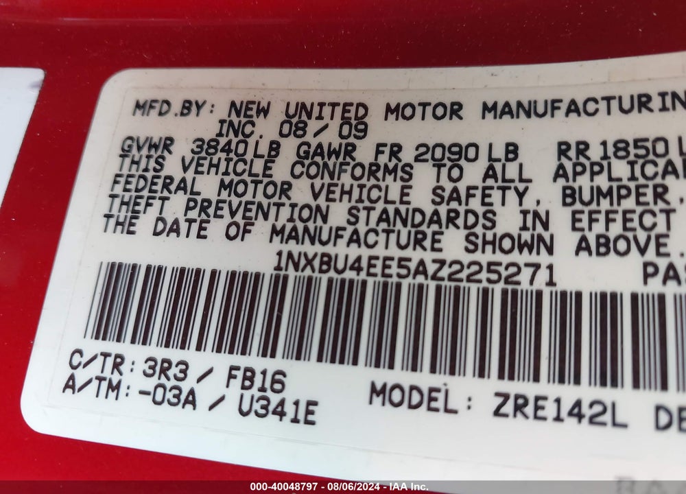 2010 TOYOTA COROLLA VIN: 1NXBU4EE5AZ225271
