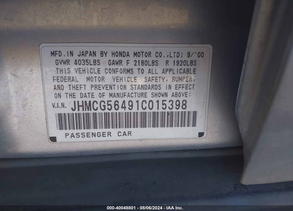 2001 HONDA ACCORD 2.3 LX VIN: JHMCG56491C015398