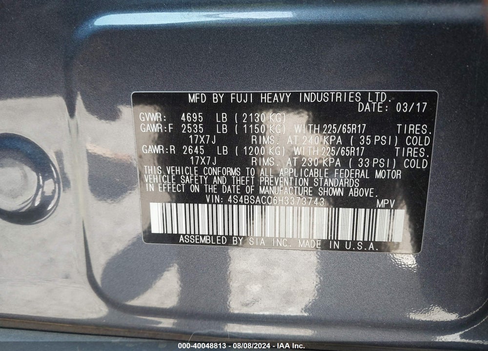 2017 SUBARU OUTBACK 2.5I PREMIUM VIN: 4S4BSACC6H3373743