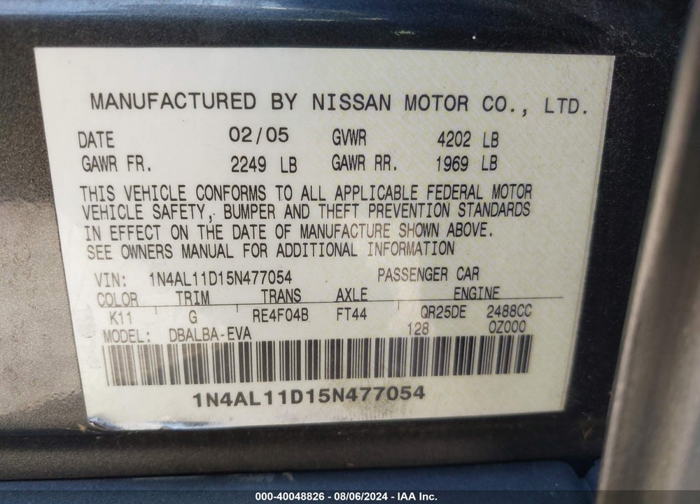 2005 NISSAN ALTIMA 2.5 S VIN: 1N4AL11D15N477054