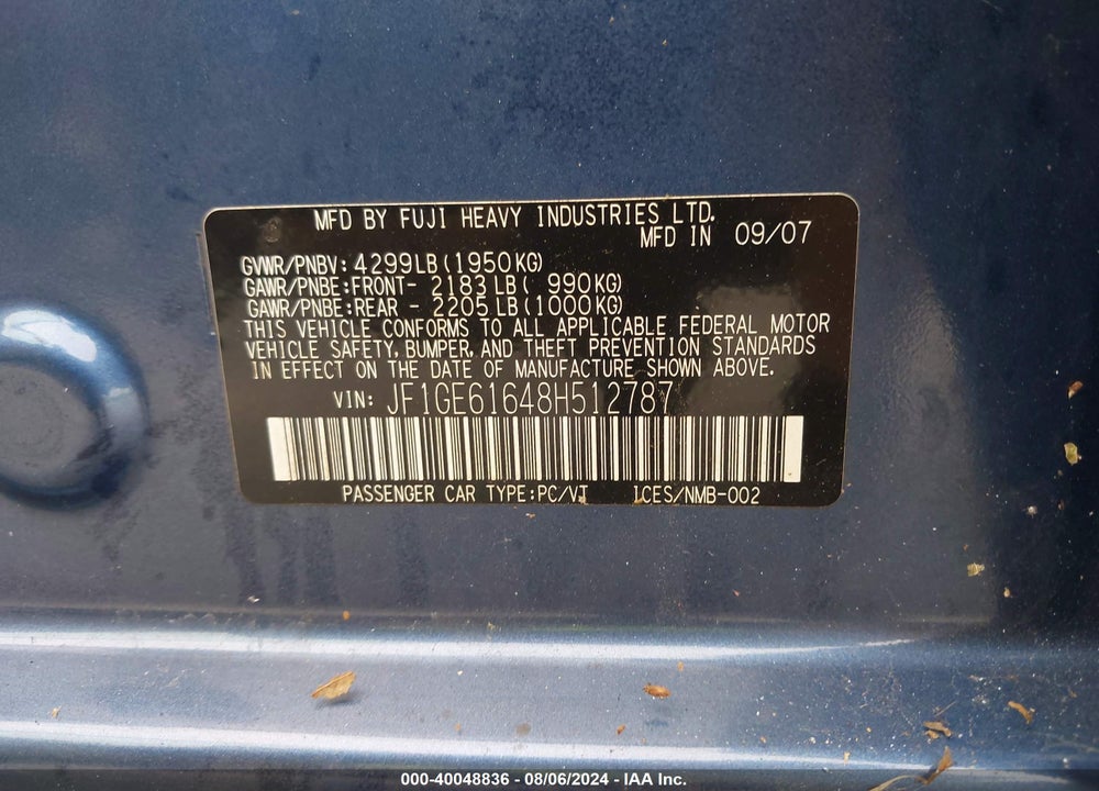 2008 SUBARU IMPREZA 2.5I VIN: JF1GE61648H512787