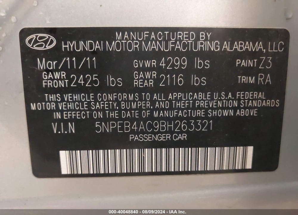 2011 HYUNDAI SONATA GLS VIN: 5NPEB4AC9BH263321
