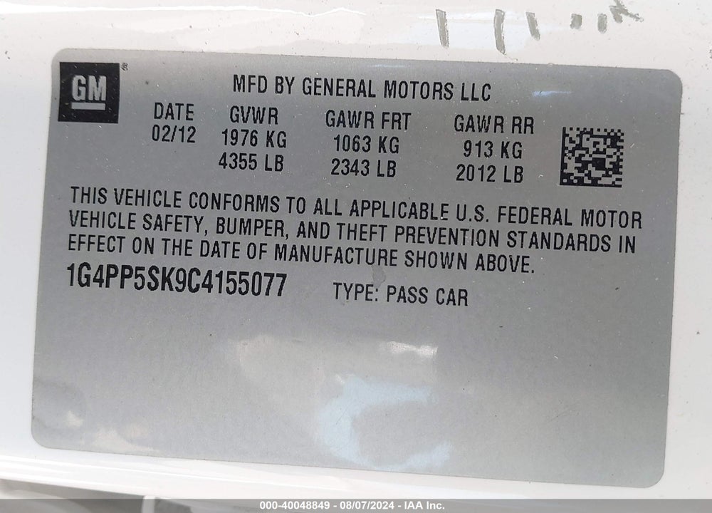2012 BUICK VERANO VIN: 1G4PP5SK9C4155077