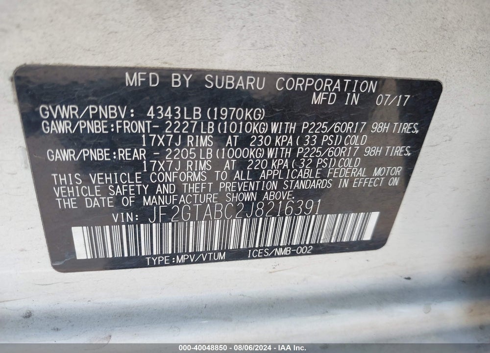 2018 SUBARU CROSSTREK 2.0I PREMIUM VIN: JF2GTABC2J8216391
