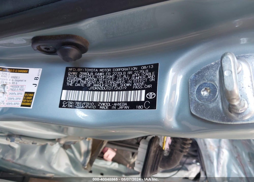 2013 TOYOTA PRIUS TWO VIN: JTDKN3DU1D1724319