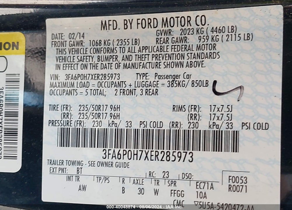 2014 FORD FUSION SE VIN: 3FA6P0H7XER285973