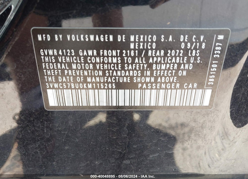 2019 VOLKSWAGEN JETTA 1.4T R-LINE/1.4T S/1.4T SE VIN: 3VWC57BU0KM115265