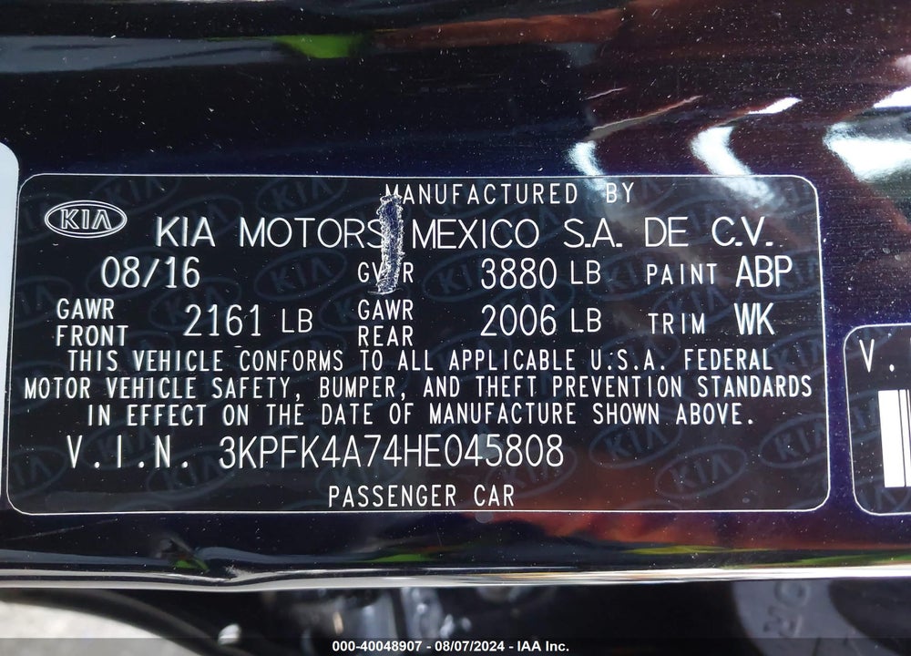 2017 KIA FORTE LX VIN: 3KPFK4A74HE045808