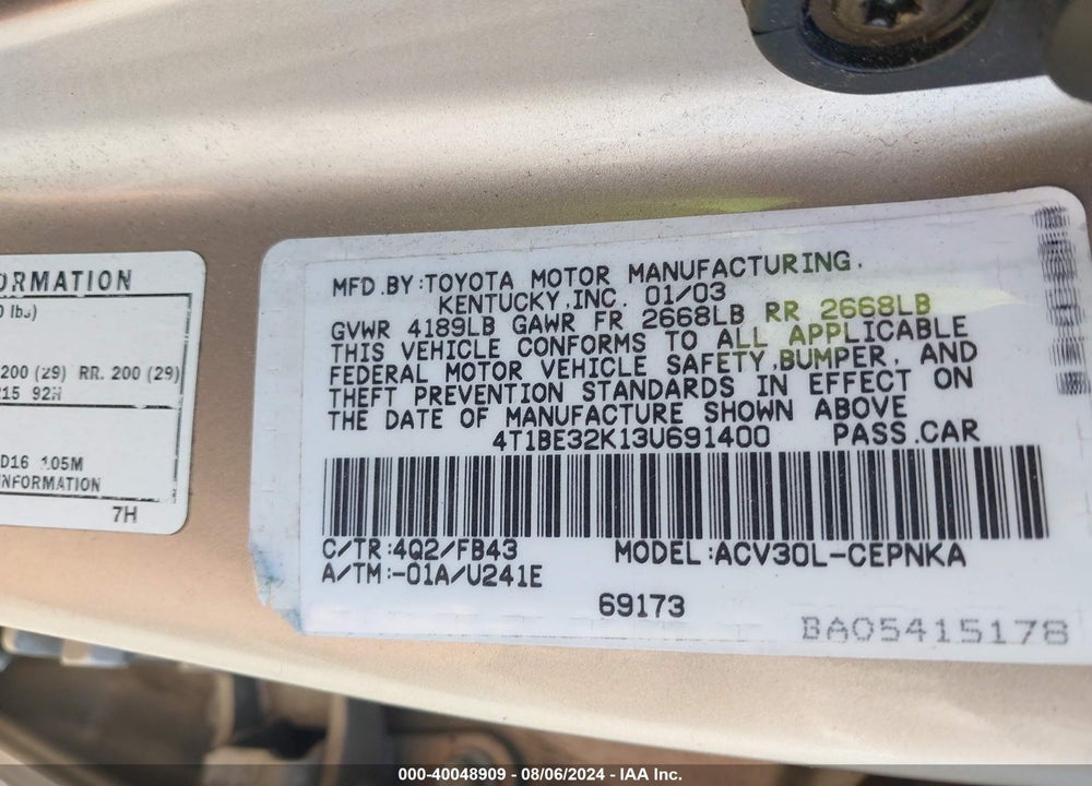 2003 TOYOTA CAMRY LE VIN: 4T1BE32K13U691400