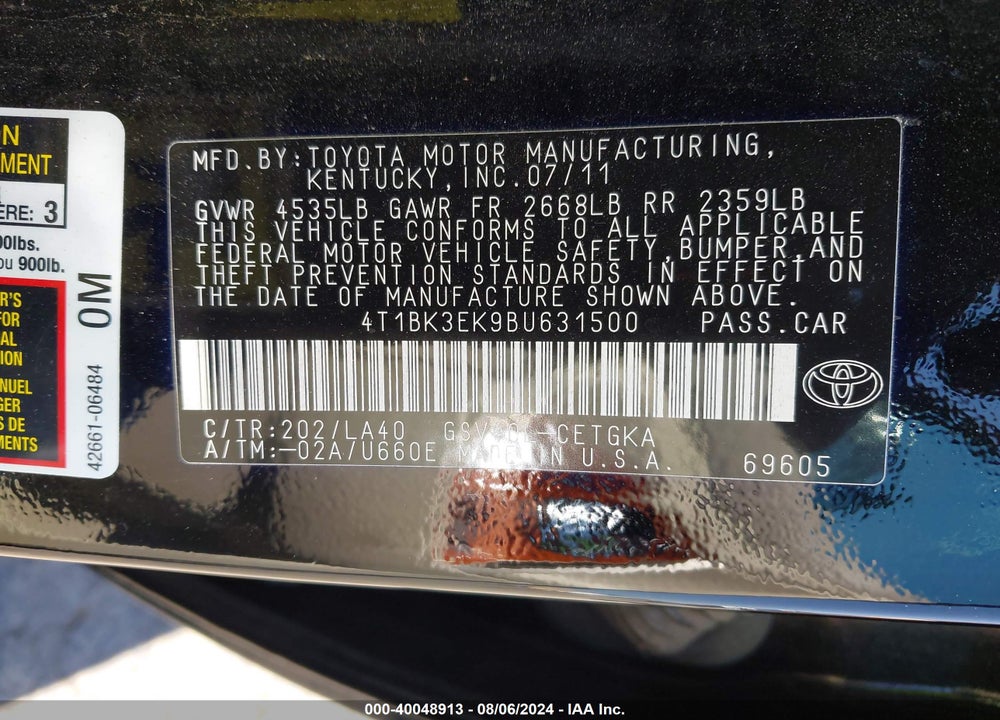 2011 TOYOTA CAMRY XLE V6 VIN: 4T1BK3EK9BU631500
